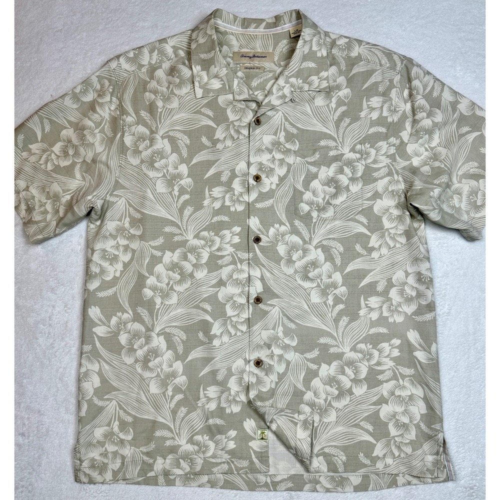 Tommy Bahama Mens L Silk Floral Camp Shirt Original Fit Sage Green‎ Short Sleev